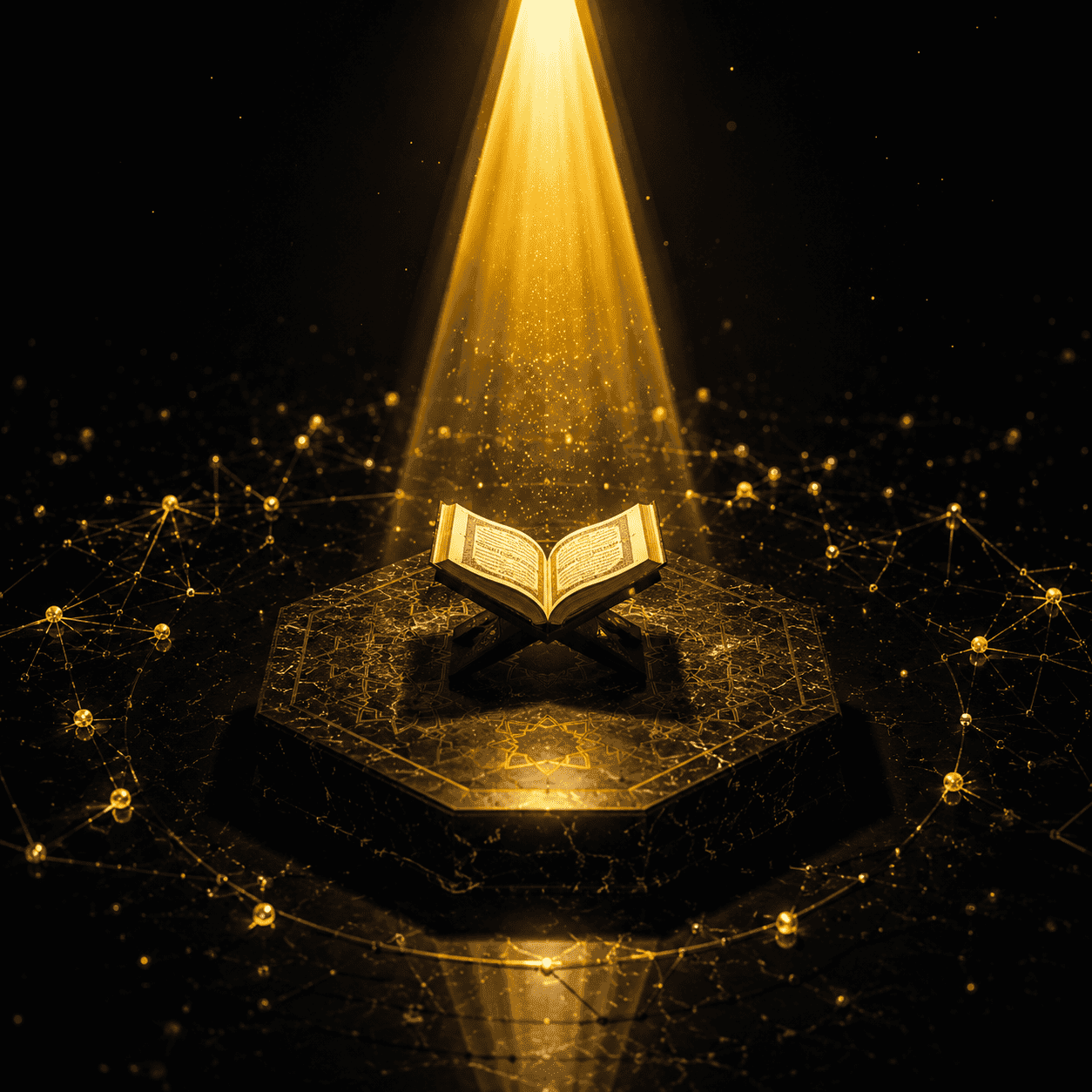 Golden searchlight illuminating an open Quran on dark marble